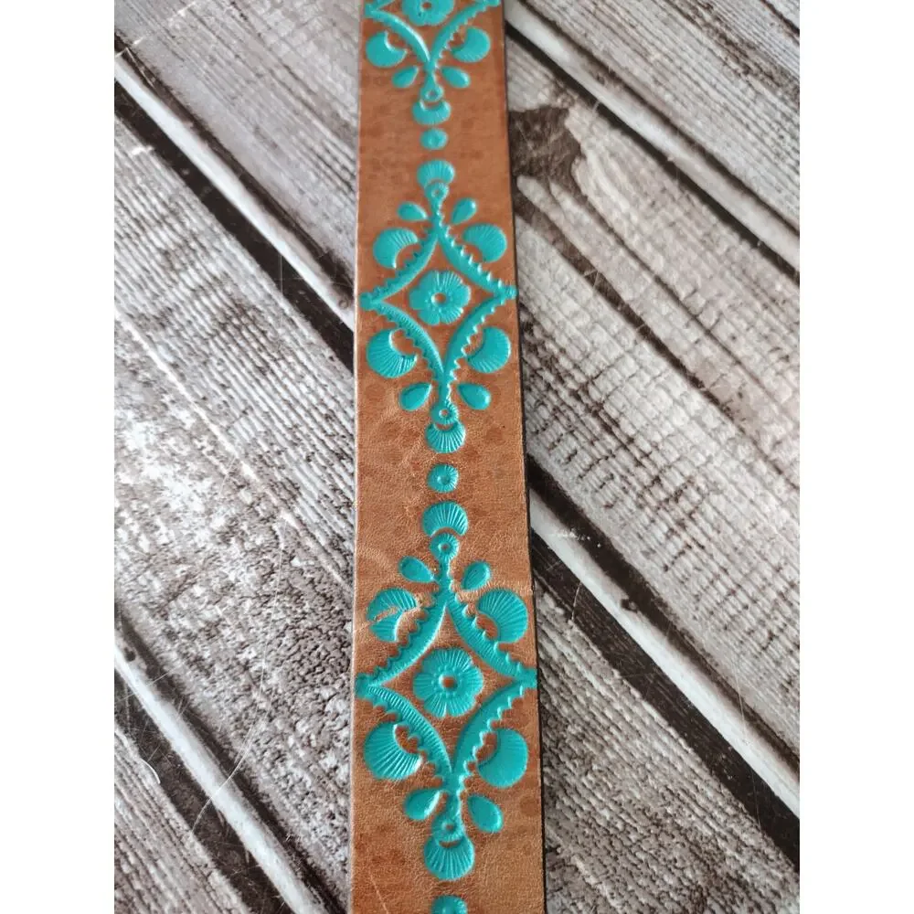 Justin Brown w/Teal Accent Tooled Leather Belt Silver-Tone Heart Buckle Women 26